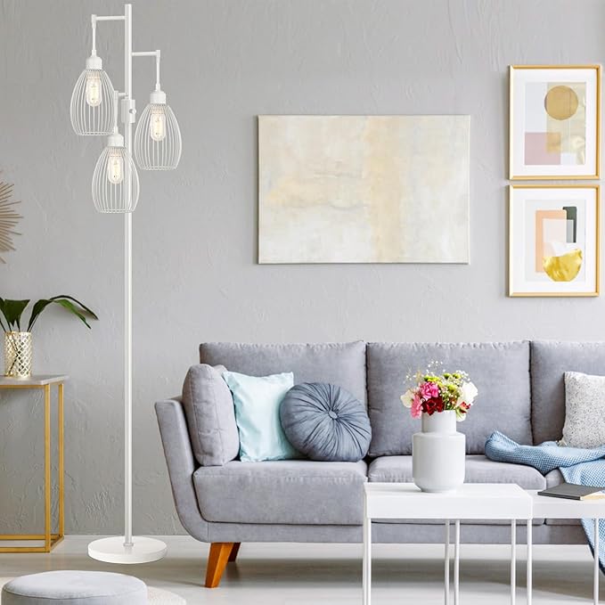 Dimmable Floor Lamp, 3 x 800LM LED Edison Bulbs Included, Farmhouse Industrial Floor Lamp Standing Lamp with Elegant Teardrop Cage Head Tall Lamp for Living Room Bedroom Office Dining Room - White