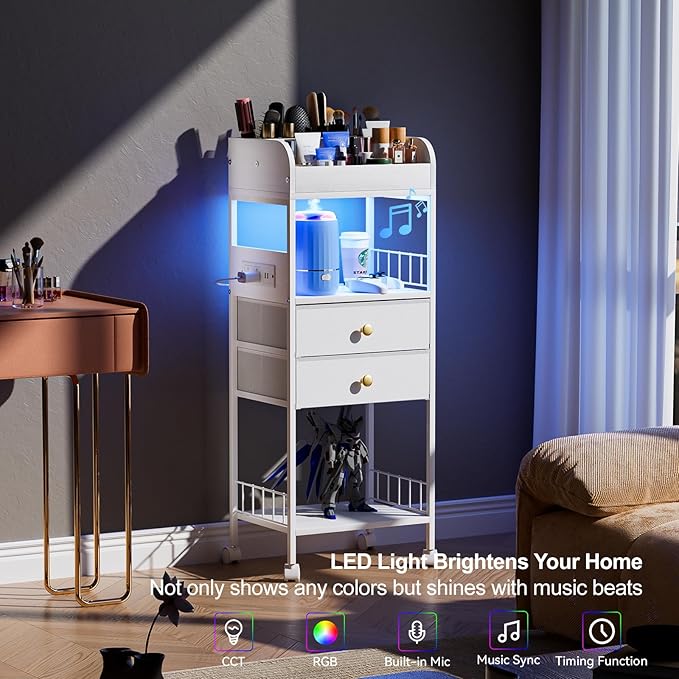 Makeup Organizer with LED Light&Charging Station, Make Up Skincare Organizers and Storage with Drawers, Vanity Cosmetics Display Cases Holder for Skin Care Nail Perfume Hair, White