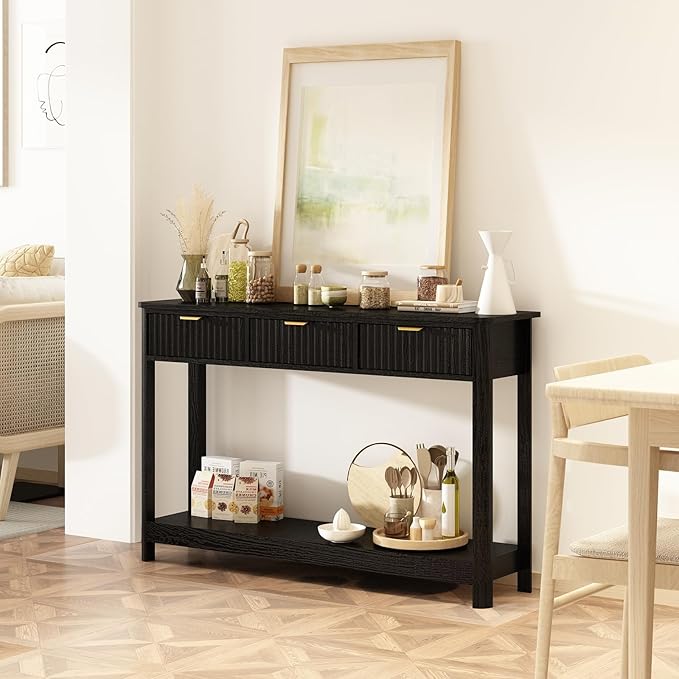 RUSTOWN Fluted Wood Console Table with 3 Drawers, Boho Narrow Behind Couch Entryway Table with Open Storage Shelf, Modern Sofa Table for Living Room, Foyer and Hallway (Black)