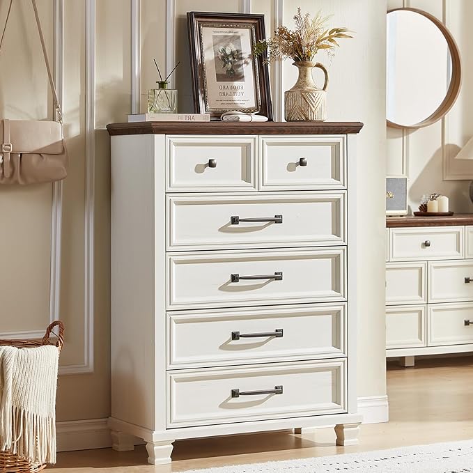 Farmhouse 6 Drawer Dresser for Bedroom, 45 Inch Tall Vintage Wood Chest of Drawers, Rustic Dressers w/Square Wooden Legs, Mid-Century Storage Organizer for Living Room, Hallway, White