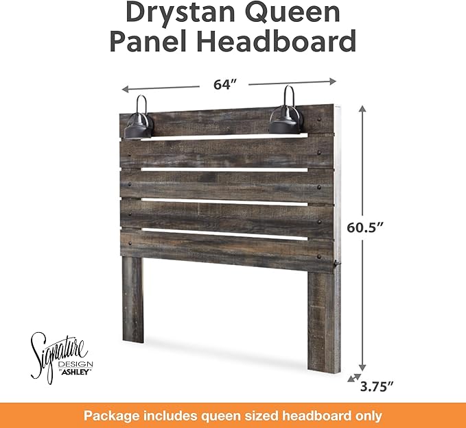 Signature Design by Ashley Drystan Rustic Panel Headboard ONLY with USB Charging Stations, Queen, Brown