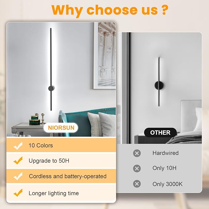 NIORSUN 35.4 Inch Battery Operated Wall Sconce Set of 2,Black Minimalist Rechargeable LED Wall Lights with Remote, 10 Colors Dimmable Wireless Wall Sconce for Living Room Bedroom Hallway