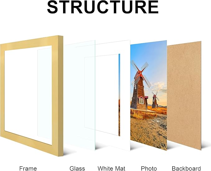 11x14 Picture Frame Set of 4, High Definition Real Glass, Display Pictures 8x10 with Mat or 11x14 Without Mat, Gallery Wall Hanging Photo Frames, Gold