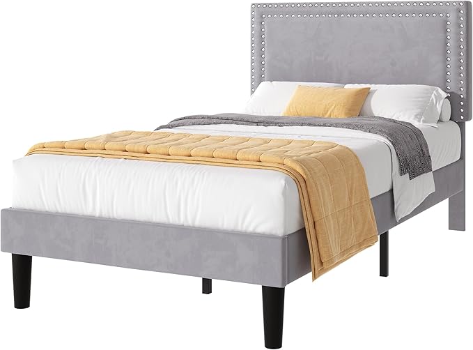 VECELO Twin Size Platform Bed Frame with Adjustable Upholstered Headboard, Strong Wood Slat Support, No Box Spring Needed, Easy Assembly