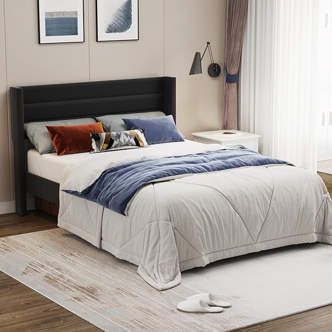 Casaottima Queen Bed Frame Upholstered Platform Bed with Wingback Headboard, Wooden Slats Support, Noise-Free Mattress Foundation, No Box Spring Needed, Easy Assembly, Horizontal Stripe Deep Black