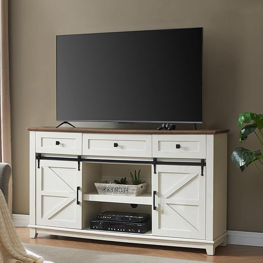 AMERLIFE Farmhouse TV Stand for Televisions up to 65 Inchs, Entertainment Center with Sliding Barn Doors and Storage Drawers, 59" TV Stand with Cabinets, Antique White