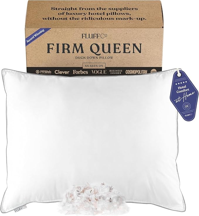 FluffCo Zen Fluff Down Standard/Queen Pillow with 600 Fill Power White Duck Down Stomach Sleeper Pillows - Luxury Hotel Quality 300 Thread Count - 100% Cotton Feather Pillows (Queen Size 1 Pack)