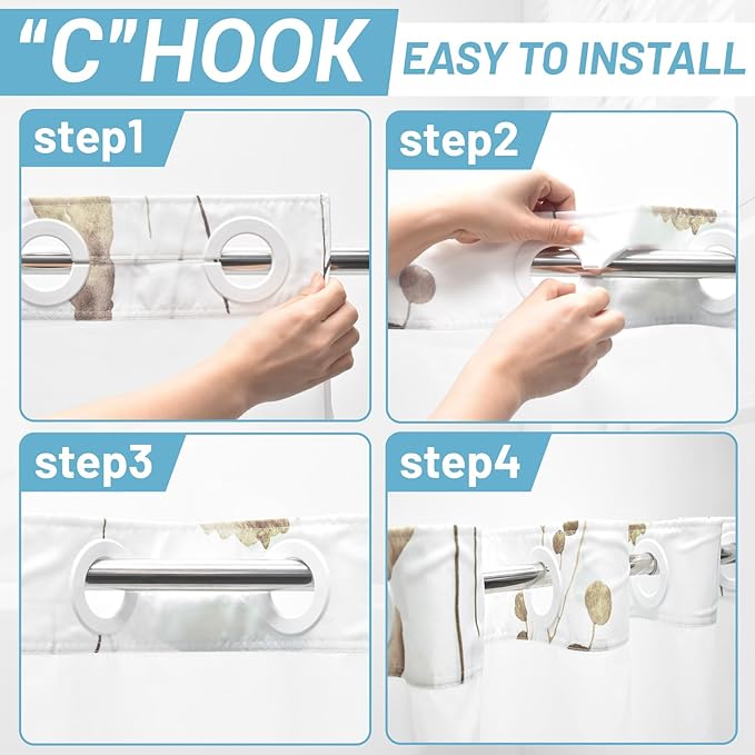 No Hook Shower Curtain with Snap in Liner - Floral Shower Curtain - Fabric Waterproof Inner Liner, Plants Watercolor Beige Modern Cloth Shower Curtains - Machine Washable, 71 x 74