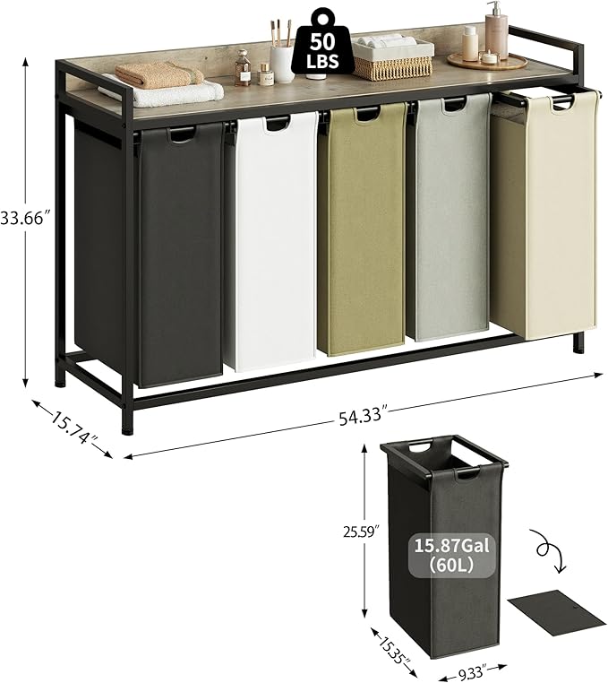 Laundry Hamper with Shelf, Laundry Basket 5 Section, Laundry Sorter with Pull-Out Removable Large 5 Color Bags and Movable Wheels, Metal Frame, 5 x 15.87 Gallons (60L), Greige PF08XLZ