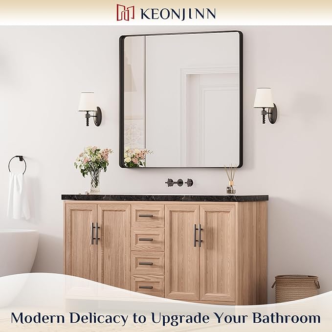 Keonjinn Black Bathroom Mirrors for Over Sink, 36 x 36 Inch Large Square Mirrors for Wall, Rounded Rectangle Matte Black Farmhouse Vanity Mirror, HD Tempered Glass Modern Mirror(Horizontal/Vertical)