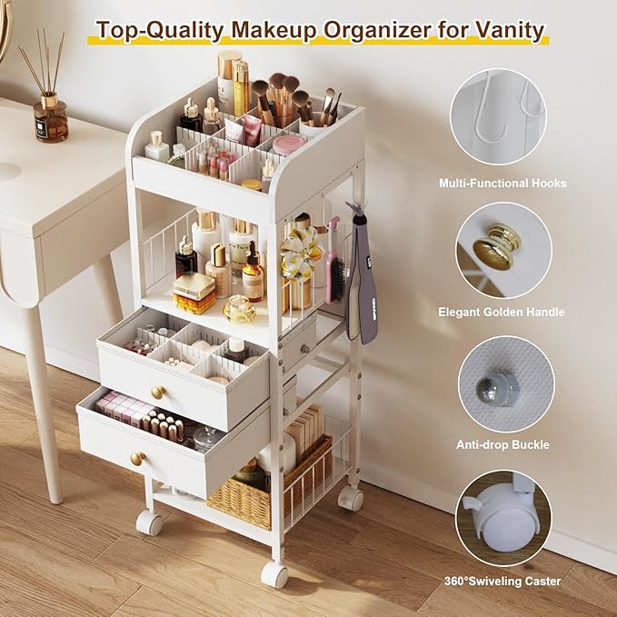 Floor Makeup Organizer with Lockable Wheels & 8 Dividers, 2-Drawer Rolling Skincare Cart for Cosmetics/Perfume/Nail Polish, Mobile Vanity Storage - White (Bathroom/Bedroom Use)