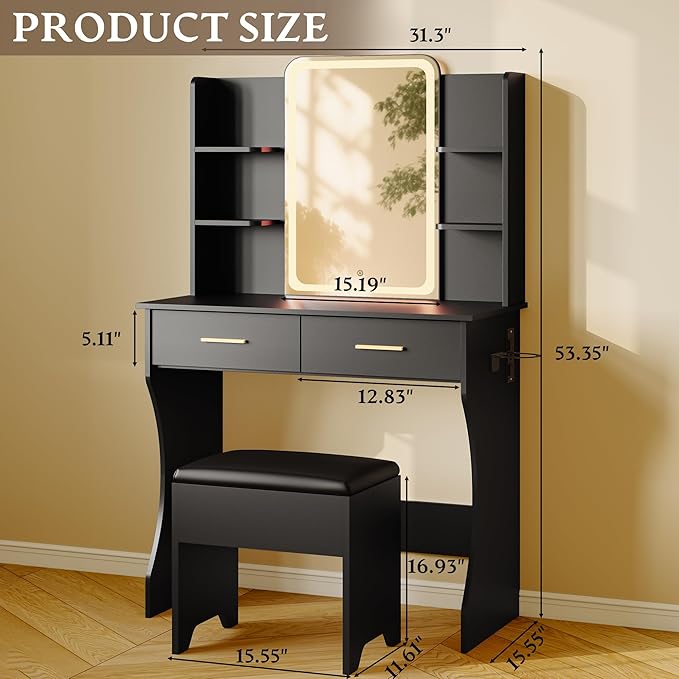 Black Makeup Vanity Desk with Mirror and Lights, Small Vanity Table Set with Power Outlet, Dressing Table with 2 Drawer & 4 Storage Shelves, Adjustable RGB Lighting, Includes Chair for Girl’s Bedroom