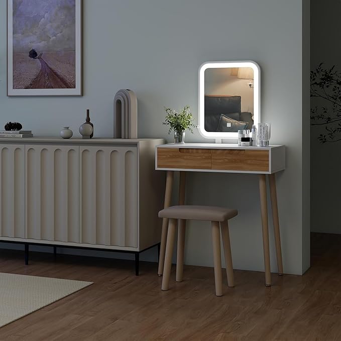 YOURLITE Makeup Vanity Desk with Lights, Small Vanity with Adjustable Brightness Mirror for Small Spaces, Vanity Desk with Drawers 27.5", Square Mirror Wood