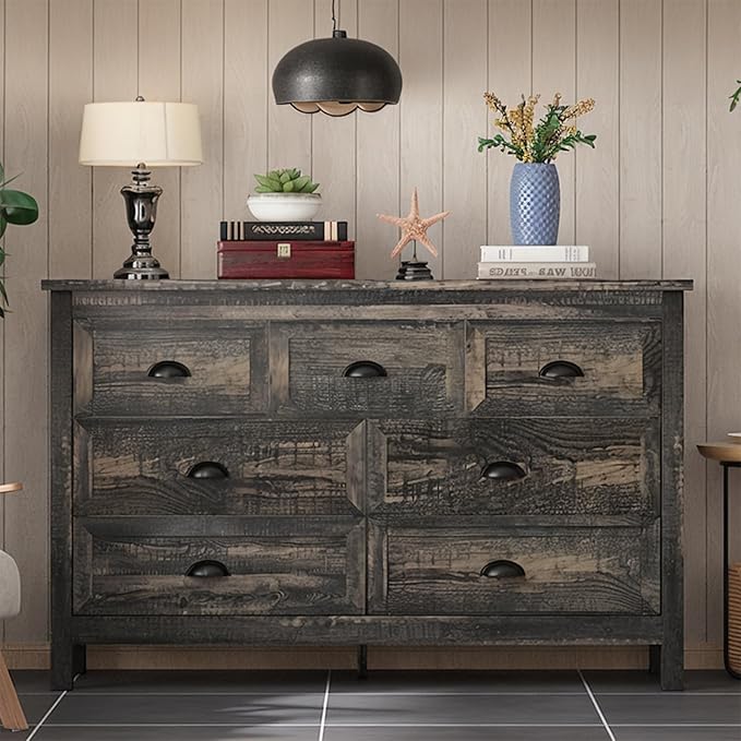 Wananlanen® Farmhouse Dresser for Bedroom, Wooden Rustic 7 Drawer Dresser, Chest of Drawers for Bedroom