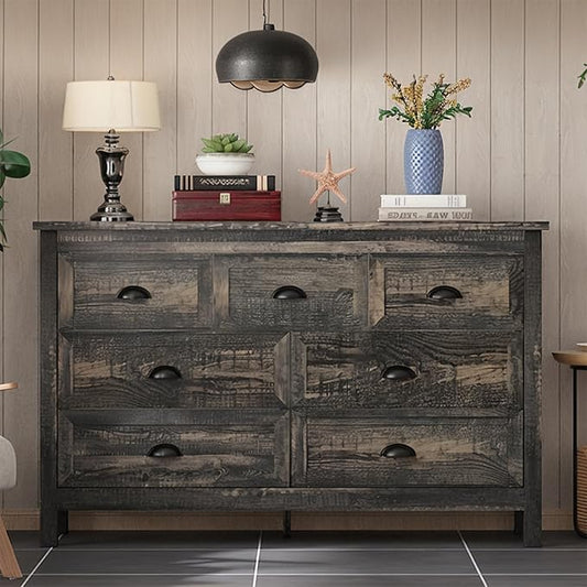 Wananlanen® Farmhouse Dresser for Bedroom, Wooden Rustic 7 Drawer Dresser, Chest of Drawers for Bedroom
