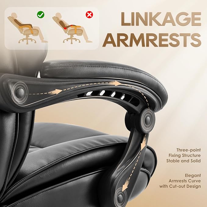 COLAMY Office Chair with Retractable Footrest, Ergonomic High Back Design Executive Computer Desk Chair with Removable Lumbar Pillow, 90-135°Reclining, Thick Bonded Leather for Home Office Work, Black