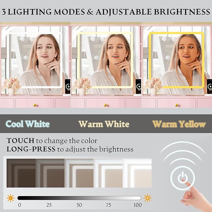 Makeup Vanity Desk with HD Lighted Mirror & Power Outlet, Glass Top Vanity Table Set with Storage Drawers & RGB Cabinets, Large Dressing Table with 3 Lighting Modes for Bedroom Women Girls Kids, Pink