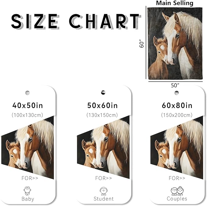 Gentle Horse Blanket, Cozy Flannel Mare and Pony Portrait Throw Blanket for Couch Outdoor, Plush Soft Lightweight Travel Pretty Horses Blankets for Bed Decor and Gifts, for Women Kids 50"x60"