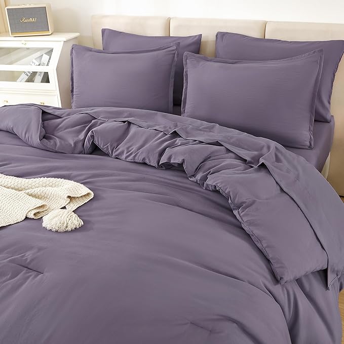 Litanika King Size Comforter Set Grey Purple - 7 Pieces Bed in a Bag King Bedding Comforter Sets, Solid Lightweight Bed Set with Comforter, Sheets, Pillowcases & Shams