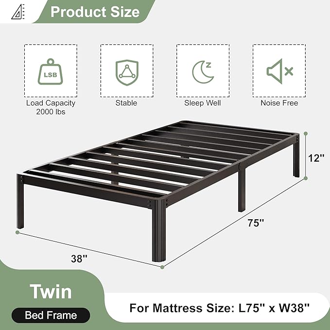 12 Inch Twin Bed Frames with Rounded Corner Legs, 1000 LBS Heavy Duty Metal Twin Platform Bed Frame with Steel Slats Support, No Box Spring Needed, Noise Free, Easy Assembly