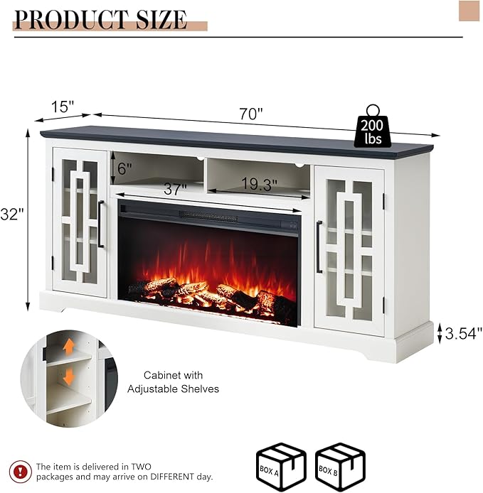 70" Farmhouse Large Fireplace TV Stand for 80 Inch TV, LED Media Entertainment Center with 37" Fireplace, Rustic TV Console Storage Cabinet with Adjustable Shelf for Living Room, Antique White