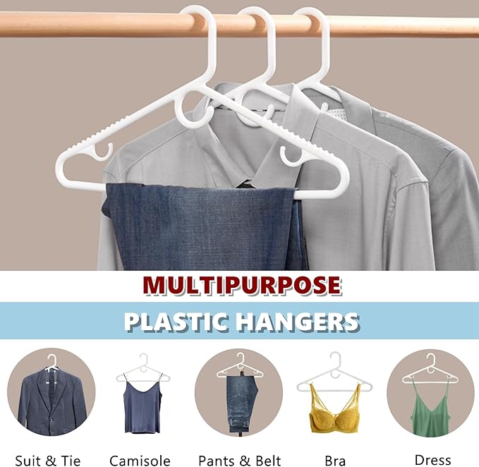 Amber Home 36 Pack Super Heavy Duty Plastic Hangers, White Plastic Hangers Non-Slip for Coat Jacket and Shirt, Non-Slip Pants Bar, Thick Strong Plastic Clothes Hangers with Hook for Scarves and Belts