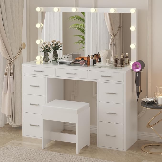 Likein Vanity Desk Set with Mirror and Lights & Power Strip, 47" Glasstop Vanity Makeup Desk with 9 Drawers for Girls, Lights Adjustable Large Hollywood Mirror Dressing Table with Chair for Bedroom