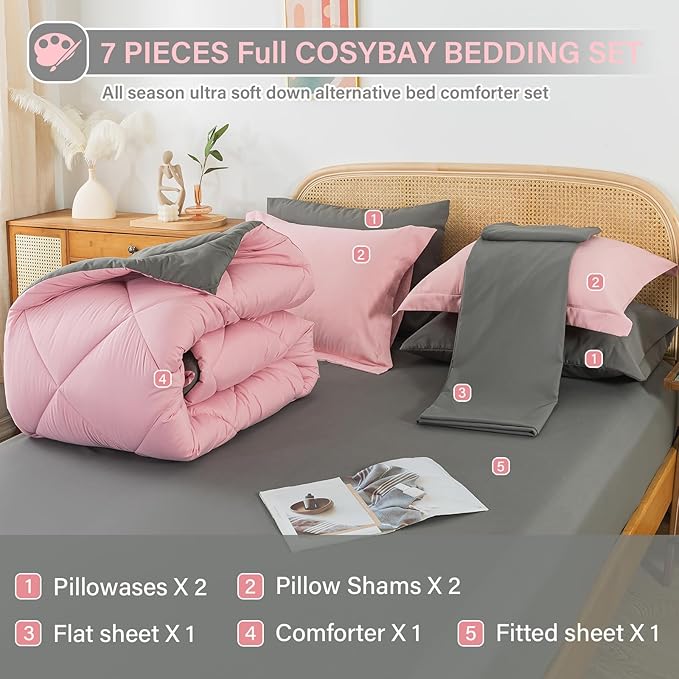 Cosybay Bed in a Bag King Comforter Sets 7pcs All Season Solid Down Alternative Bedding Sets Pink and Grey with Comforter, Pillow Shams, Flat Sheet, Fitted Sheet and Pillowcases