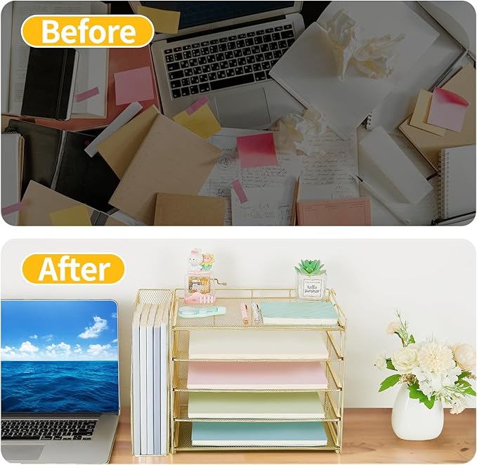 AUPSEN Gold Desk Accessories Organizer,5-Tier Letter Tray Paper Organizer with Adjustable File Holder, Desktop Office Desk Accessories for Office Supplies