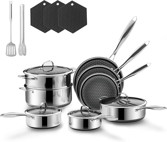 17-Piece 5 Ply Stainless Steel Cookware Set with Lids, Pots and Pans Set Non Stick, Non-Toxic, for Induction, Oven, Dishwasher Safe, RV Essentials, Kitchen Appliances