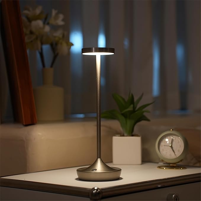 Cordless Table Lamp, Rechargeable Battery Operated LED Desk Lamp, 3-Color Stepless Dimming, Portable & Waterproof, for Restaurants, Bedrooms, Bars, Outdoor Parties, Camping, and Cafes (Gray)