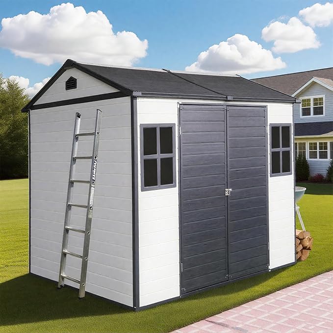 8x6 FT Outdoor Storage Resin Shed with Floor, Waterproof Plastic Garden Tool Shed with Windows, Vents & Lockable Door and Sloped Roof, Easy to Assemble Bike Shed for Patio, Backyard, Lawn, White