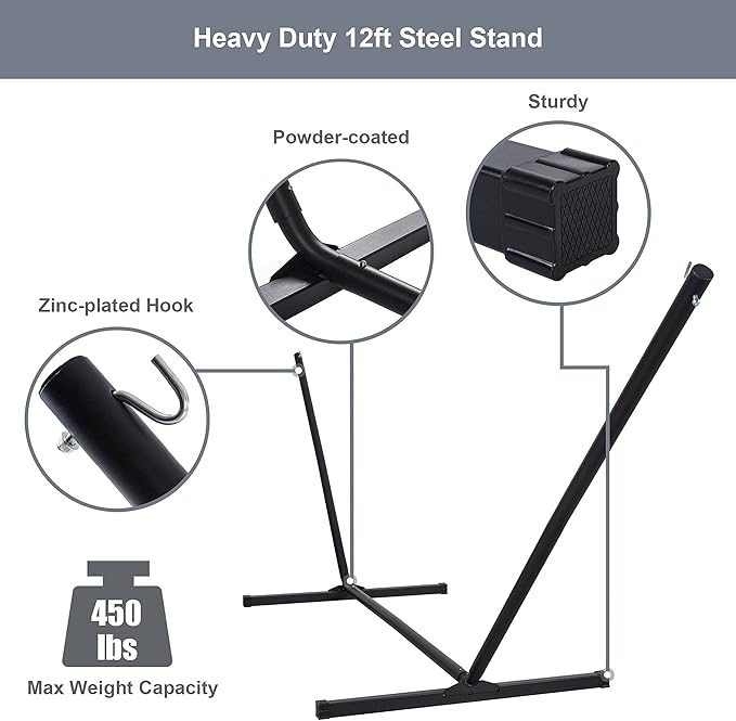 Double Hammock with 12 FT Stand, 2 Person Curved Bar Hammock with Stand, Pillow and Portable Carrying Bag, Heavy Duty 450lbs Capacity, Tan