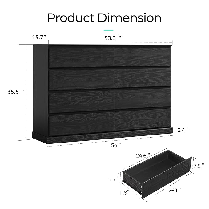 LINSY HOME 8 Drawer Dresser for Bedroom, 53" Wide Chest of Deep Drawers, Modern Farmhouse TV Stand Dressers with Storage, Large Drawer Organizer for Bedroom, Living Room, Handless Design, Black