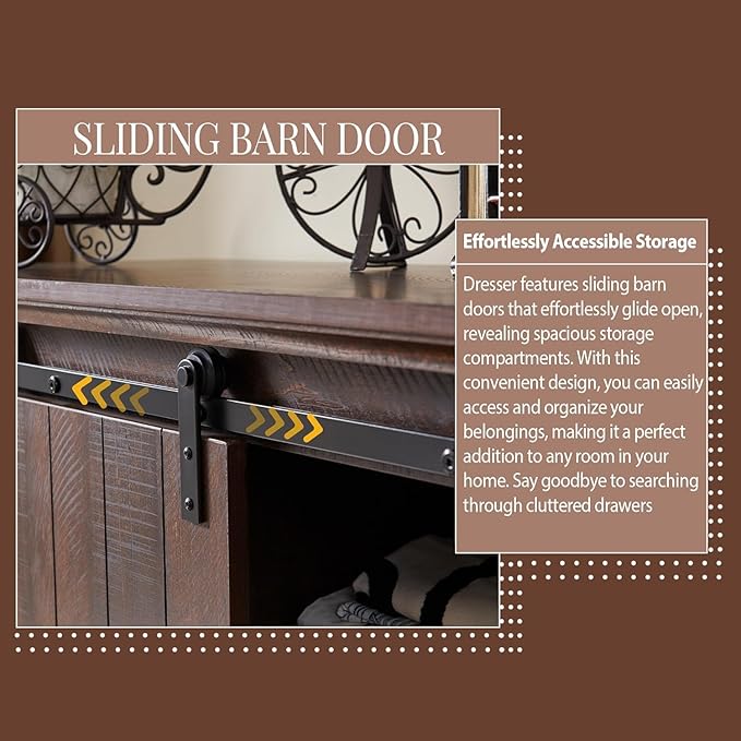 Farmhouse 5 Drawers Dresser for Bedroom, 47" Tall Chest of Drawers w/Sliding Barn Door, Rustic Wood Dressers Organizer w/Adjustable Shelves for Bedroom, Living Room, Kitchen, Brown