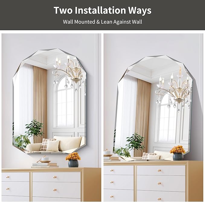 KOCUUY 30"x40" Frameless Mirror, Arched Shape with Diamond-Shaped Beveled Edge,Unframed Decorative with Upgraded Shatterproof Glass,Unique Frameless Mirror for Bathroom,Living Room,Bedroom