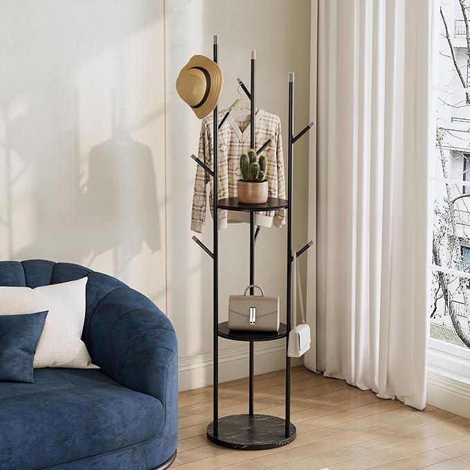 metal Coat Rack whit Marble base,heavy duty coat hanger Stand, Freestanding Coat Racks with 3 Shelves and 9 Hooks,Coat Tree for Entryway, Bedroom, Coats, Bags,purse,Sturdy and Easy to Assemble