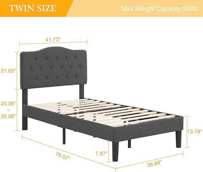 VECELO Twin Size Platform Bed Frame with Fabric Upholstered Headboard and Wooden Slats Support, No Box Spring Needed/Easy Assembly,Grey