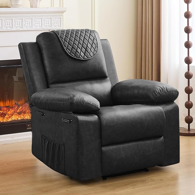 Recliner Chair with Electric Massage Adjustable Footrest & Heat, Manual Leather Recline for Adults Living Room Remote Control (Black)