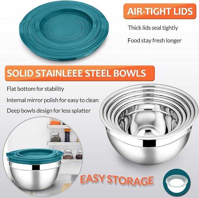 E-far Mixing Bowls with Teal Blue Lids Set of 5, Stainless Steel Mixing Bowls Metal Nesting Bowls with Airtight Covers for Cooking, Baking, Serving, Storage - Size 0.7/1/1.5/3/4.6QT - Dishwasher Safe