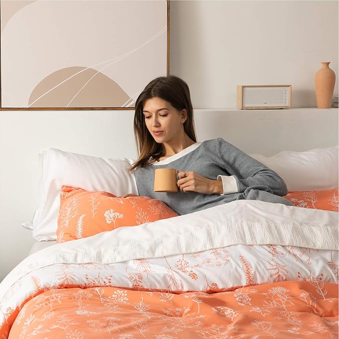 Bedsure Twin/Twin XL Comforter Set - Coral Orange Bed Set, 2 Pieces Cute Floral Bedding, 1 Soft Reversible Botanical Flowers Comforter and 1 Pillow Sham