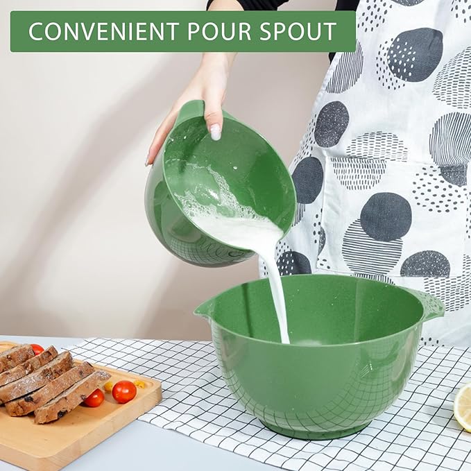 BoxedHome 4 Quart Large Plastic Mixing Bowls, Microwave Safe Mixing Bowl Set with Pour Spout, Nesting Bowls for Space Saving Storage(Grass Green)