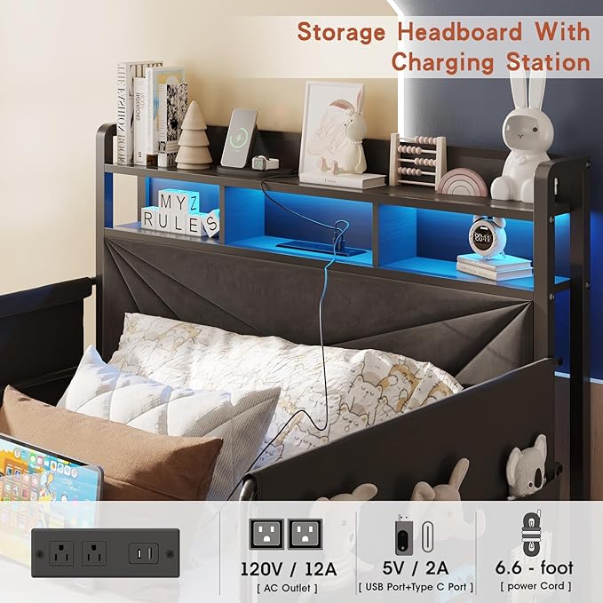 Maupvit Twin Bed Frame with Storage Headboard and Drawer,Upholstered Platform Bed Frame with LED Lights & Charging Station,Twin Size Bed with Guardrail,No Box Spring Needed,Grey