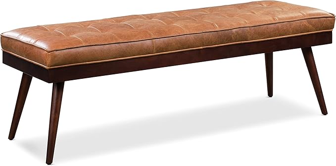 POLY & BARK 55" Tufted Leather Bed Bench for Bedroom End of Bed - Living Room Entry Way Bench - Pure Italian Leather Upholstery with a Solid Wood Frame - Ottoman Bench with Wooden Legs - Cognac Tan
