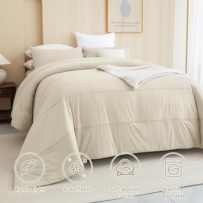 Sanracie Oversized King Comforter 120 * 120, Cotton Comforter King Size Extra Large, Wheat Pinch Pleated Bed Set Linen Feel Textured 3pcs Soft Lightweight Neutral Oversized King Bedding