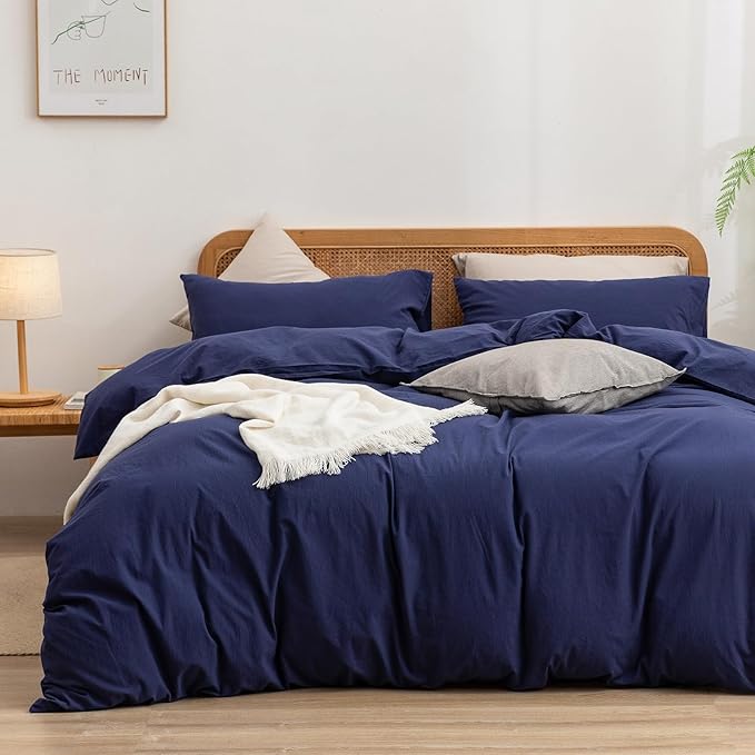 BESTOUCH Duvet Cover Set 100% Washed Cotton Linen Feel Super Soft Comfortable Chic Lightweight 3 PCs Home Bedding Set Solid Navy Blue Cal King