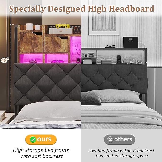 Queen Bed Frame with Storage Headboard, Queen Bed Frame with LED Lights and Charging Station, Padded headboard, No Noise, No Box Spring Needed, Easy Assembly