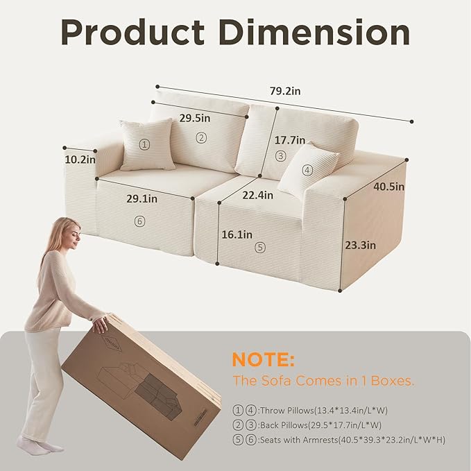 INGEROOM 79" Cloud Couch, Loveseat Sofa with Deep Seat, Modern Plush Corduroy Small Couch for Living Room Bedroom（Beige）