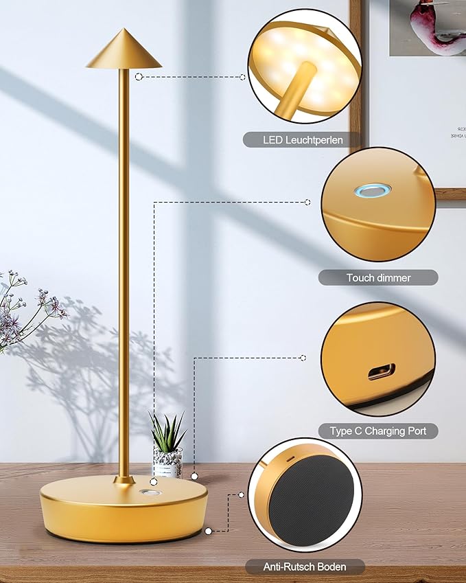 Cordless Table Lamps Rechargeable, 6000mAh Battery Operated LED Desk Lamp Outdoor Waterproof Portable Touch Dimmable Table Night Light for Patio Restaurant Dining Home Set of 2 Gold
