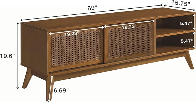 59 Inch Mid Century Modern TV Stand with Rattan Doors, Entertainment Center Media Console for 55/60/65 inch TV, Boho/MCM Television Stand for Living Room/Bedroom, Light Wood